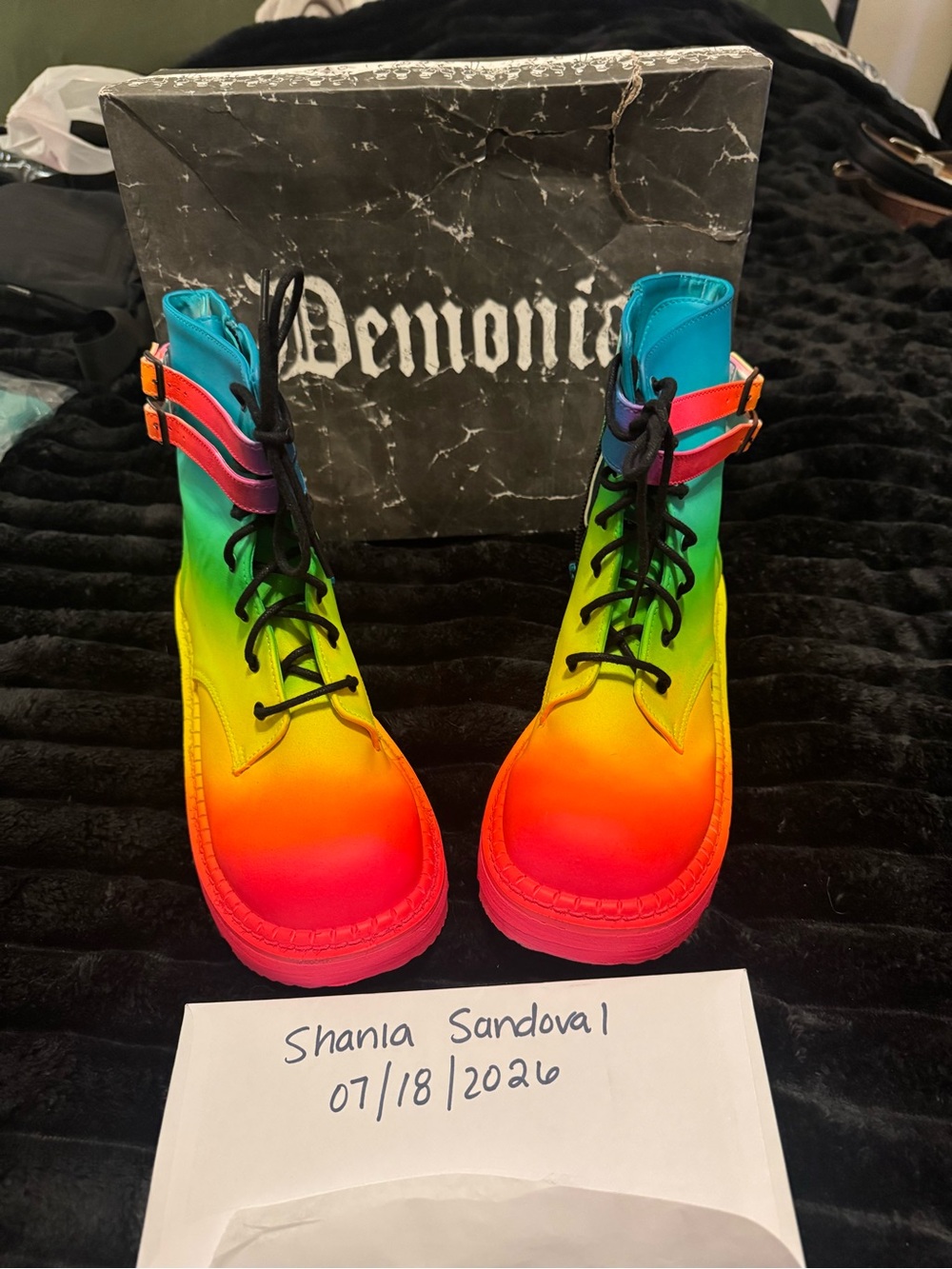 Demonia Neon Rainbow Platform Combat Boots